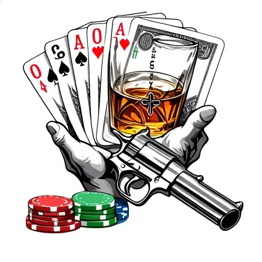 bank notes glass of whisky poker cards poker chips “Money Talks” gun with hands and rosary “ Family Over Everything”  tattoo design idea