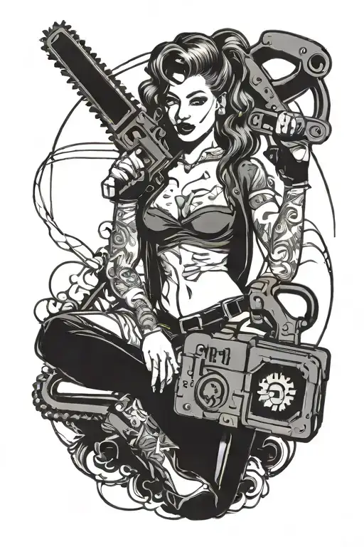 pinup girl holding chainsaw tattoo design idea