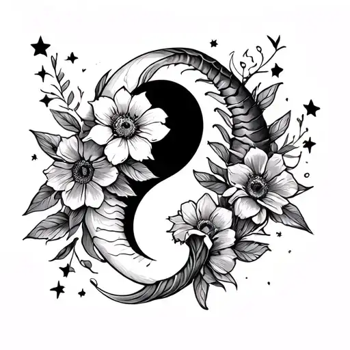 Ying yang fish spine tattoo with flowers and stars and trap stamp tattoo design idea