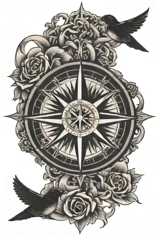 old school black and white compass rose with four swallows for each cardinal point tattoo design idea