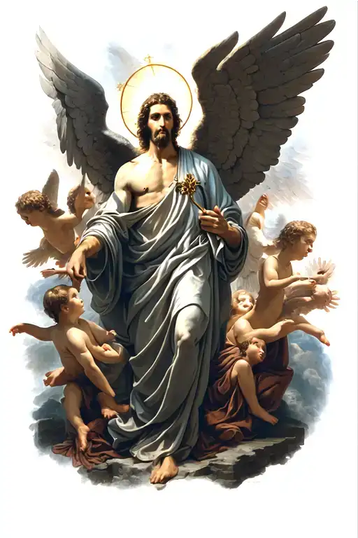 Uam tattooing taking all the forearm of St. Michael the Archangel, with some angels in the background tattoo design idea