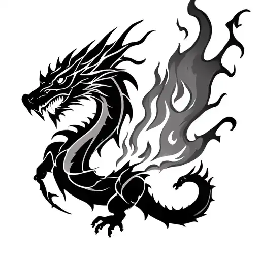 Dragon breathing fire wrapping around arm the end of flame goes into heart tattoo design idea