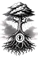 Xxxtentacion Poison tree with roots going down into Gaara Forehead symbol. a cloud above the tree (raining down) tattoo design idea