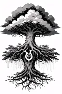 Xxxtentacion Poison tree with roots going down into Gaara Forehead symbol. a cloud above the tree (raining down) tattoo design idea
