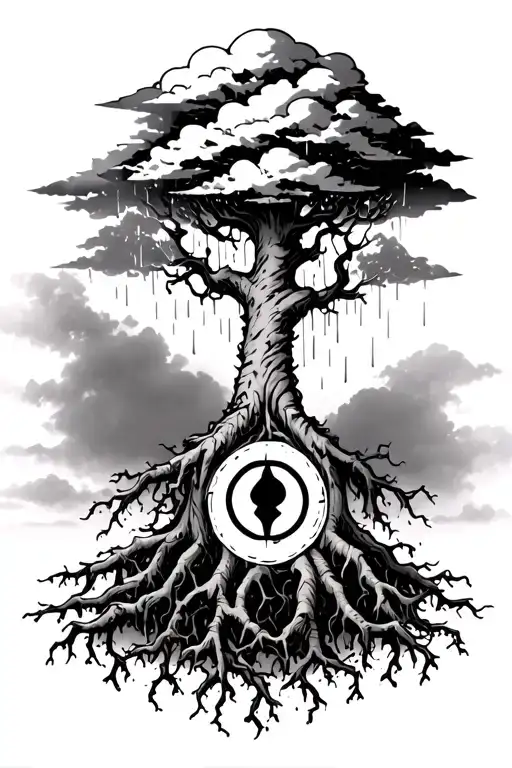 Xxxtentacion Poison tree with roots going down into Gaara Forehead symbol. a cloud above the tree (raining down) tattoo design idea