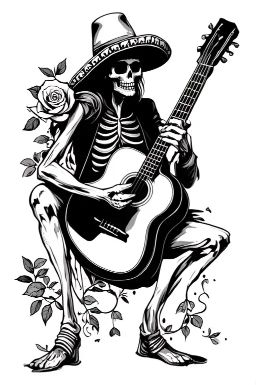 sad skeleton mariachi playing guitar holding rose tattoo design idea