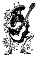 sad skeleton mariachi playing guitar holding rose tattoo design idea