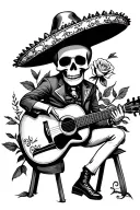 sad skeleton mariachi playing guitar holding rose tattoo design idea