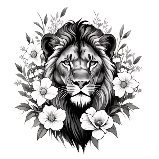 Female lioness surrounded by daffodils, poppys, larkspur, roses and daisys tattoo design idea