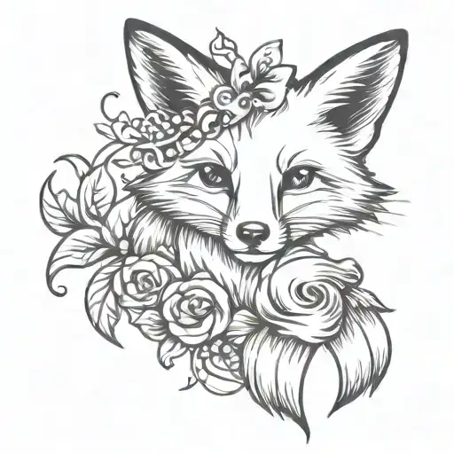 cute fox with a bow on her neck leaning on a skull tattoo design idea