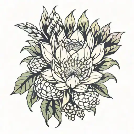 protea and corn flower intertwined tattoo design idea