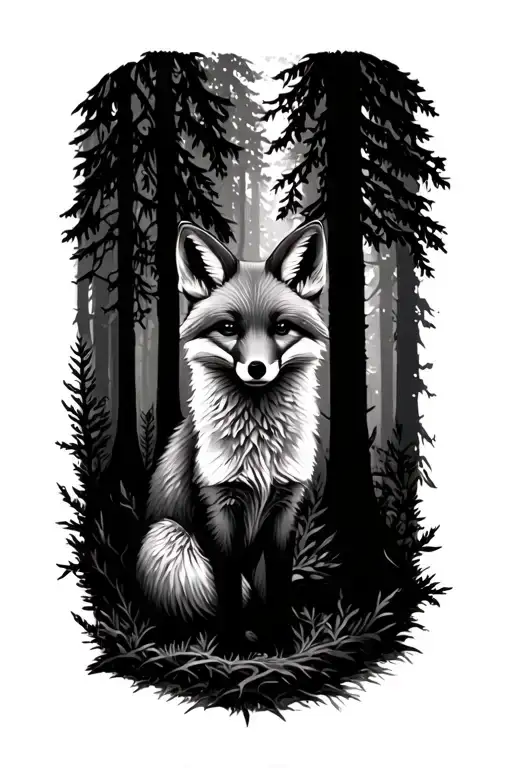forest trees small fox surrounded tattoo design idea
