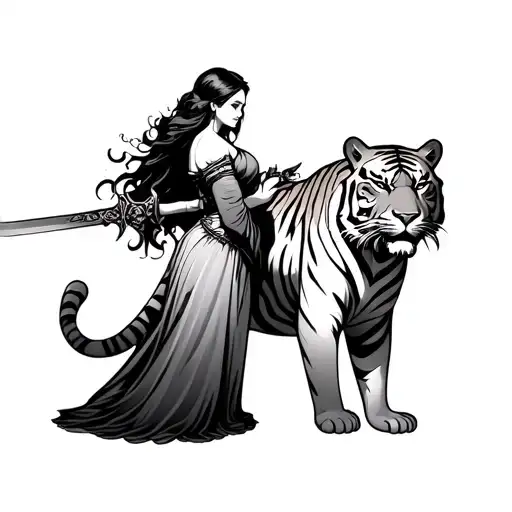 tiger with lady in a dress holding a long sword towards the tiger tattoo design idea