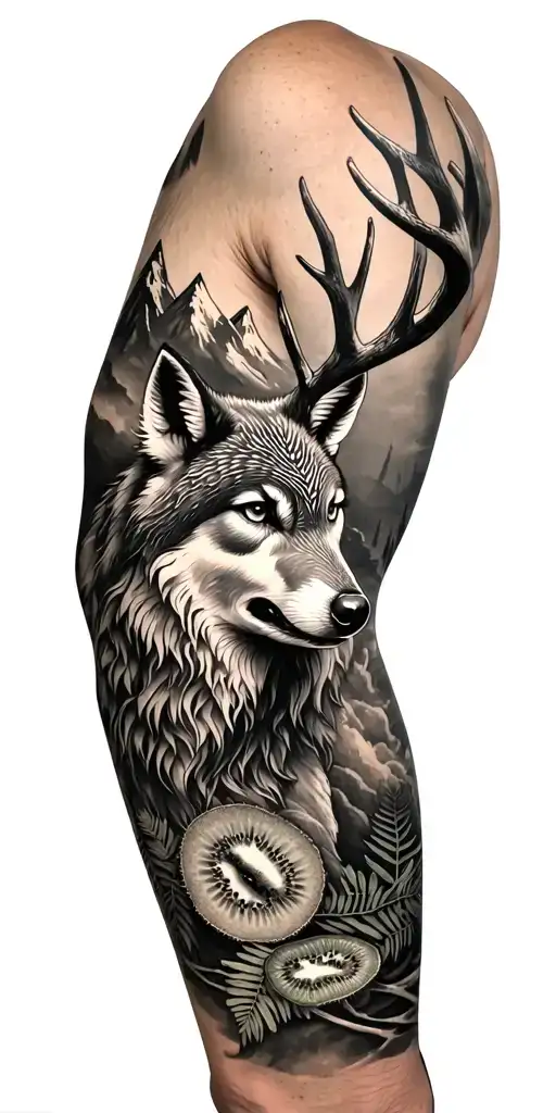 Left arm sleeve: stag, howling wolf, owl, kiwi in ferns, mountains. Māori and Celtic details. Black and grey tattoo design idea