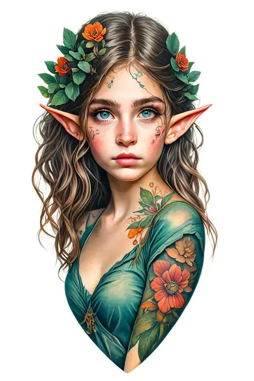 Femboy, elf girl, nature inspired tattoo tattoo design idea