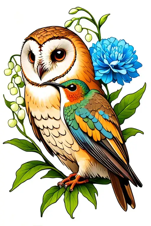 a barn owl and a hummingbird with a lily of the valley and blue carnation in the background tattoo design idea