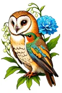 a barn owl and a hummingbird with a lily of the valley and blue carnation in the background tattoo design idea