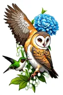 a barn owl and a hummingbird with a lily of the valley and blue carnation in the background tattoo design idea