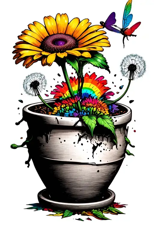 broken flower pot overflowing with one flower in rainbow and one dandelion blowing turning into dragon flies  tattoo design idea