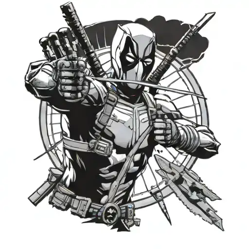 A creative mashup of Deadpool's humor and darts, like him using darts as swords tattoo design idea