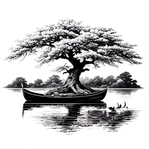 A rowing boat without oars, and growing on it a huge kanzan cherry tree in full bloom. Tattoo style, mythical style. Tri tattoo design idea