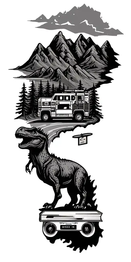 map with landmarks with road, mountains, trex fire truck, mountain bike drum set, cassette tape, book on fire, tattoo design idea