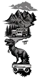 map with landmarks with road, mountains, trex fire truck, mountain bike drum set, cassette tape, book on fire, tattoo design idea