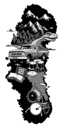 map with landmarks with road, mountains, trex fire truck, mountain bike drum set, cassette tape, book on fire, tattoo design idea