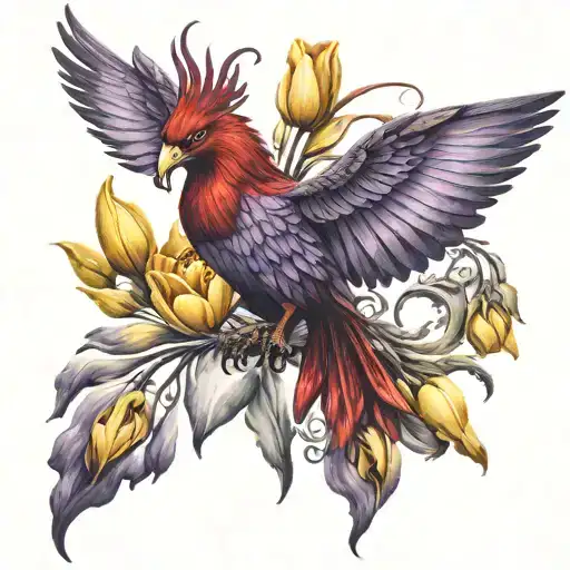 Tattoo of a purple and red phoenix with yellow tulips and butterflies  tattoo design idea