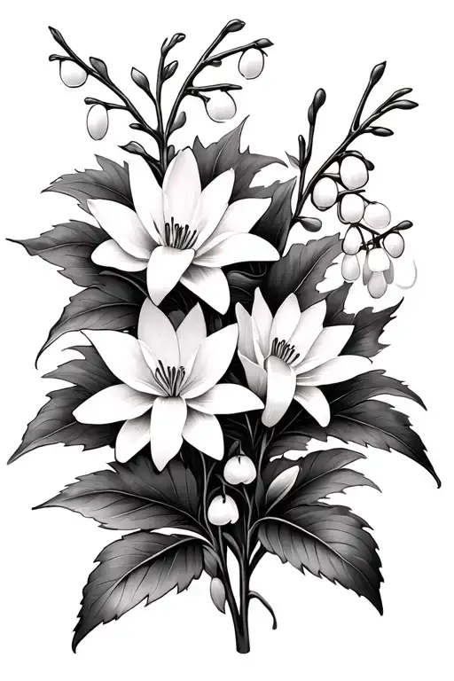 Larkspur, water lillies, lily of the valley and hawthorns tattoo design idea