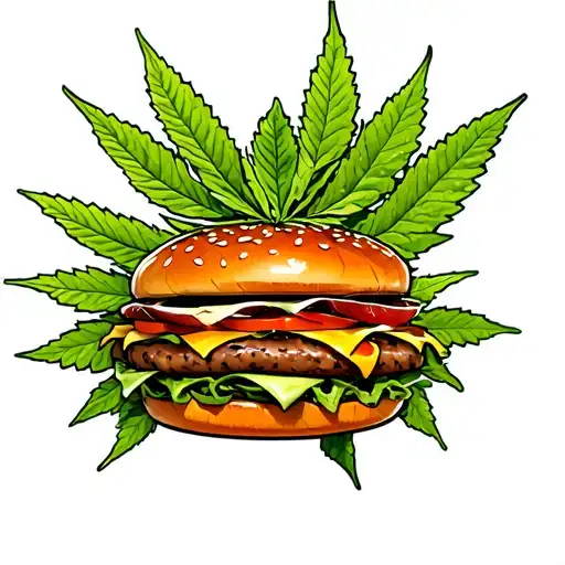 burger face eating cannabis leaf surrounded tattoo design idea