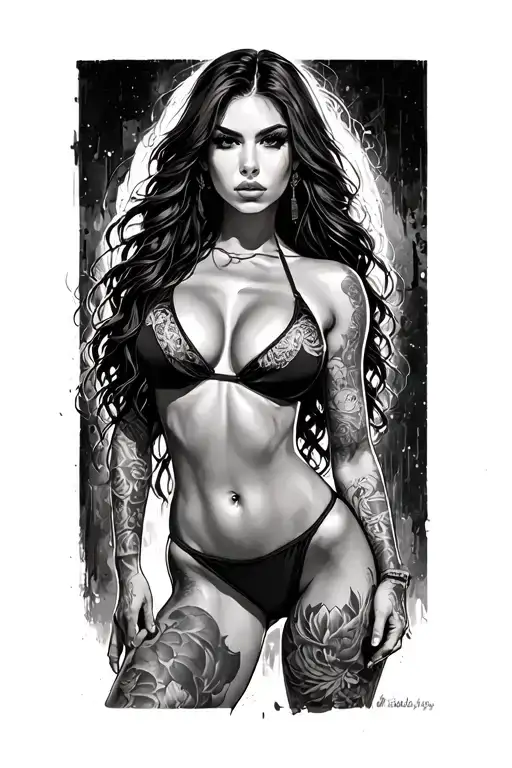 Sexy girl, petite, small boobs, wide hips, bikini . long hair,sexual. Seductive. Full Body, standing with legs and feet tattoo design idea