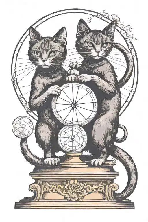 a black traditional cat with 2 tails and 2 heads standing tall on a crystal ball and swatting at the air  tattoo design idea