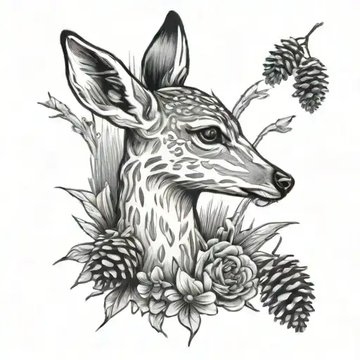 fawn, rain, sun, flowers, pine cones tattoo design idea