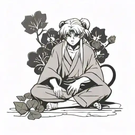 The anime character inuyasha&nbsp;sitting down holding a gaint Clover that’s the same clover  from the anime show Black Clove tattoo design idea