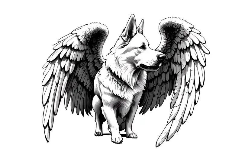 White swiss shepherd dog angel wings tattoo design idea