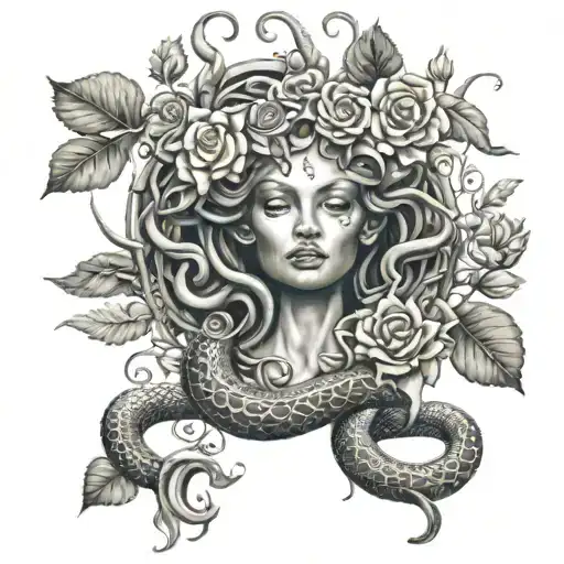 full body medusa with large snake wrapping around body surrounded by roses lilies and sunflowers tattoo design idea