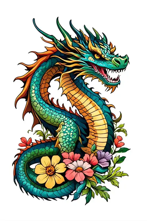 American traditional dragon surrounded by wildflowers tattoo design idea