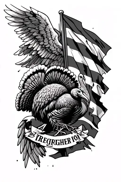 tattered firefighter flag with turkey and angel wings tattoo design idea