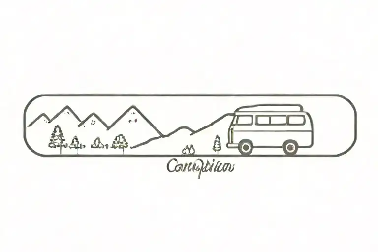 a single line transisting from mountain to heartbeat to campervan  tattoo design idea