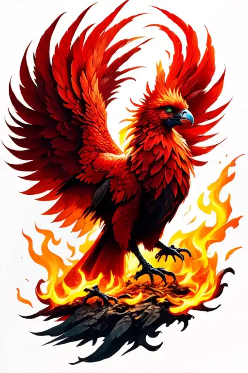 A red phoenix with feathers on fire falling to the ground  tattoo design idea