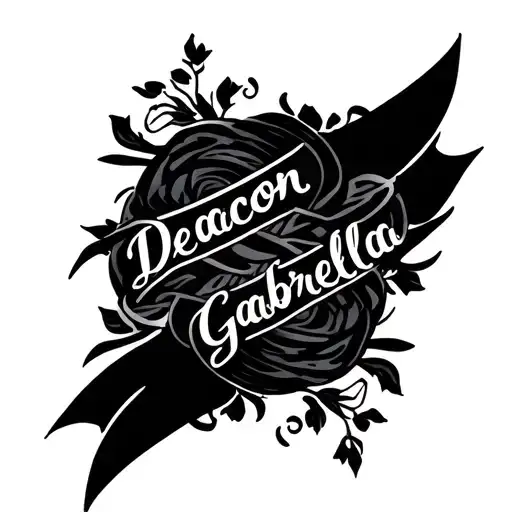 Create a digital illustration of an elegant arm tattoo concept featuring the names “Deacon” and “Gabriella” intertwined  tattoo design idea