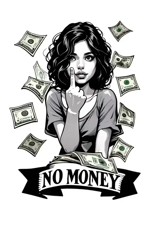 a girl showing her middle finger with many bills around her and at the bottom it says no money no funny tattoo design idea