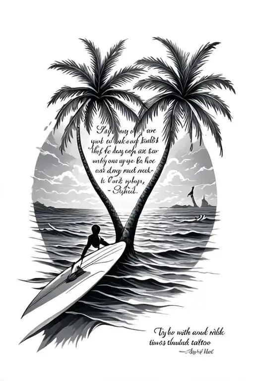 hybiscus palm trees surfing bible verse intertwined tattoo design idea