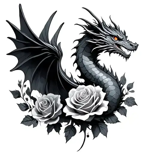 small flying dragon intertwined with roses intertwined tattoo design idea
