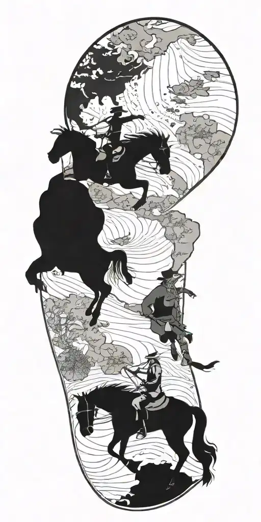  a cowboy riding a black horse, the world map with the continents shaped as skulls tattoo design idea