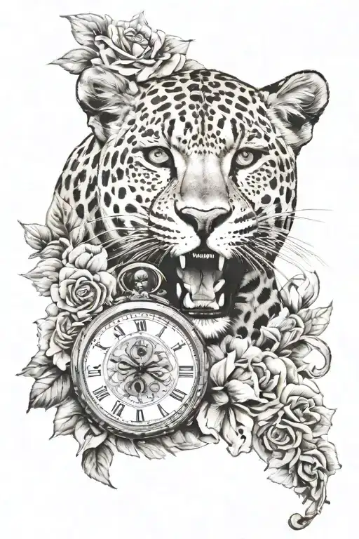 leopard with roulette wheel, skulls, flowers and clock tattoo design idea