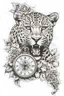 leopard with roulette wheel, skulls, flowers and clock tattoo design idea
