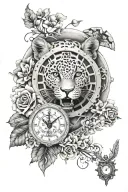 leopard with roulette wheel, skulls, flowers and clock tattoo design idea