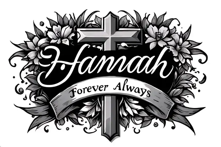 wife's name Hannah, Christian cross, words forever and always tattoo design idea